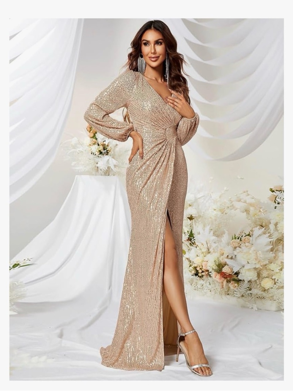 Sequin Twist-Front Maxi Dress in Champagne Gold
